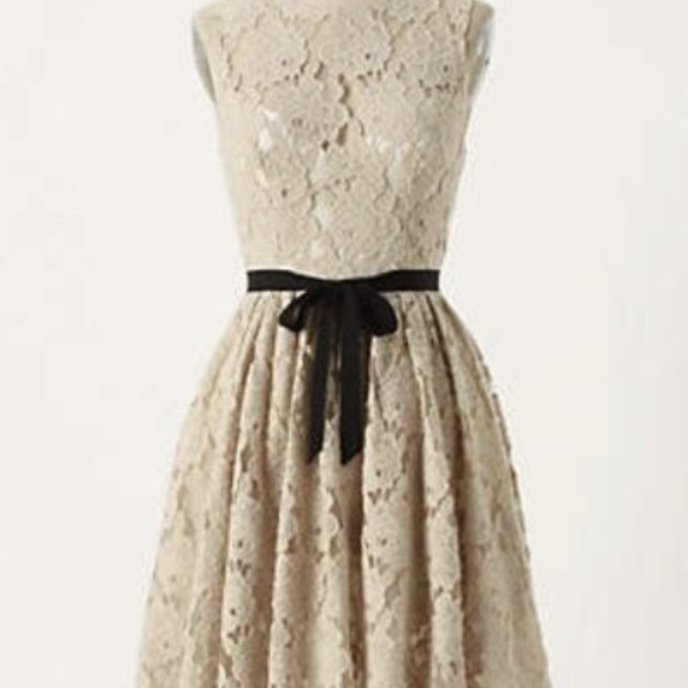 Anthropologie Tracy Reese Beige Lace Midi Dress with Black Ribbon